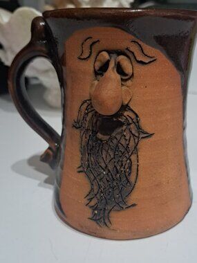 Handmade Stoneware Bearded Face Mug - Terracotta & Dark Brown Glaze, Signed